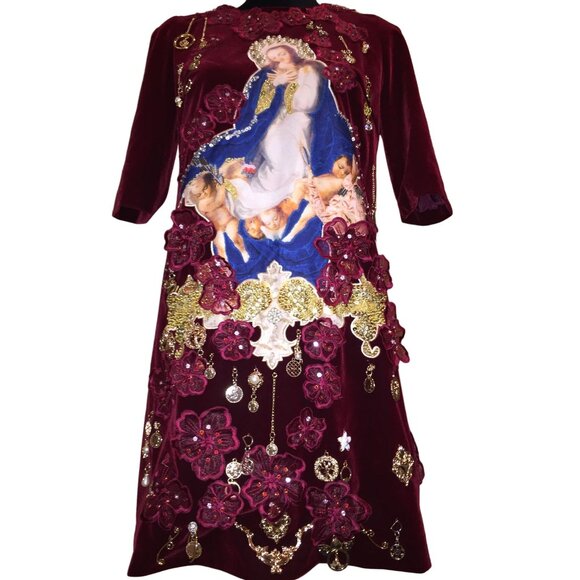 Luxury Designer Runway Embroidery Velvet Beaded Baroque Burgundy Red Gold Dress - Picture 2 of 16